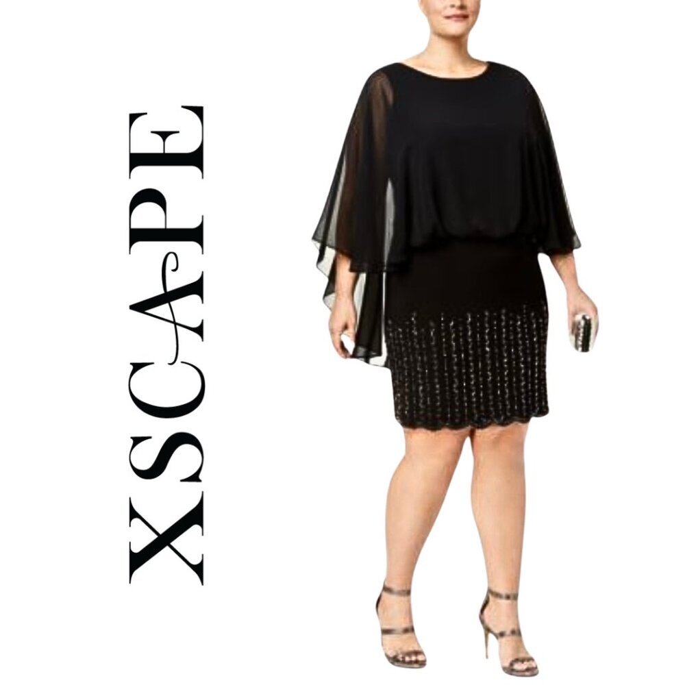 XSCAPE, Embellished Beaded Sheer Capelet‎ Overlay Shift Dress, Black